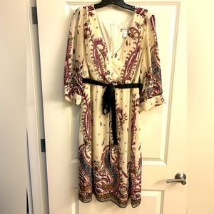 Floral midi dress with sheer overlay and sheer 3/4  puff sleeve